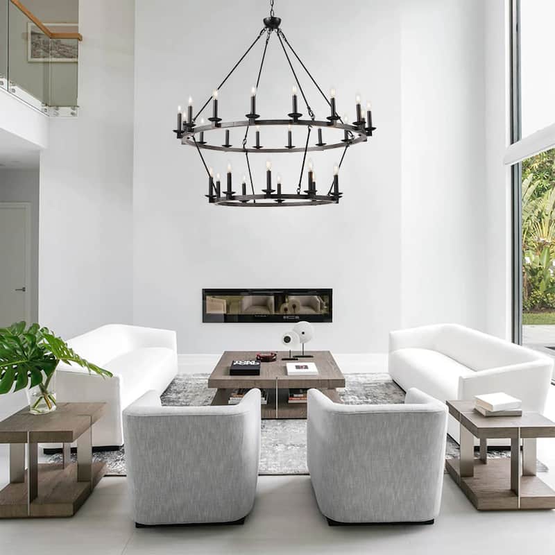 26-Lights Multi Tiers Farmhouse Wagon Wheel Chandelier - 47.2"D×4.7"W×108.2"H(Adjustable)
