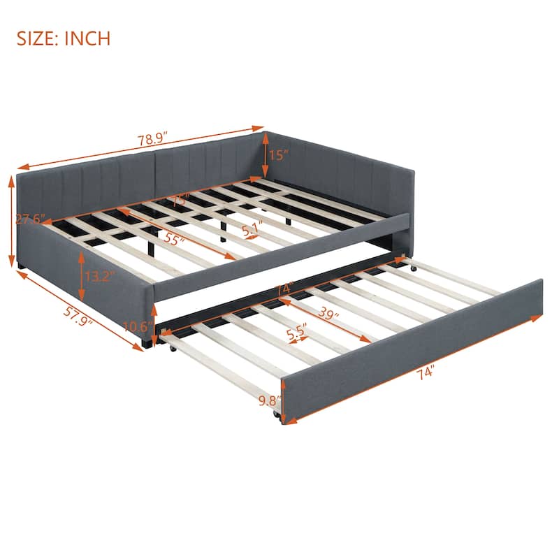 Full Size Upholstered Daybed with Trundle, Classic Linen Fabric Sofa Bed Frame, Wood Slats Support, No Box Spring Needed
