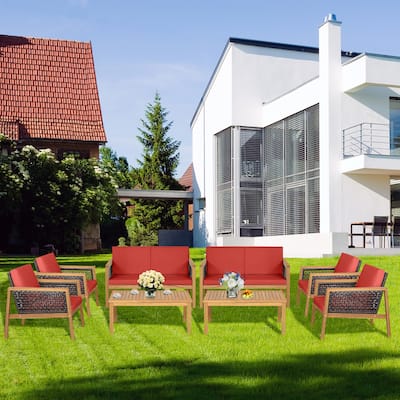 8PCS Patio Rattan Furniture Set Acacia Wood Cushioned Sofa Off