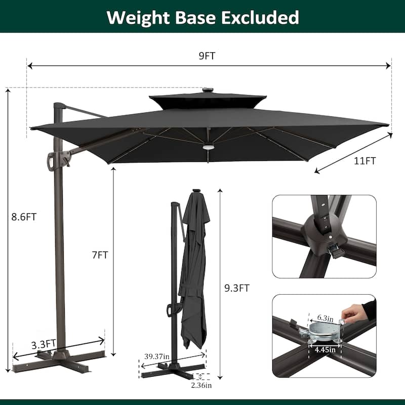 Pellebant 9x11FT Outdoor Dual Top Cantilever Patio Umbrella LED Light