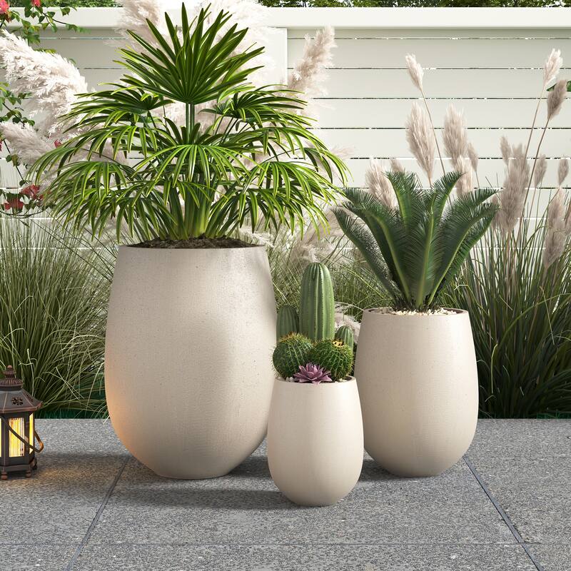 Lightweight Round MGO Outdoor Planter Set-3 Sizes (15.6"/10.74"/7.3"),Large Outdoor Indoor Flower Pots with Drainage Hole