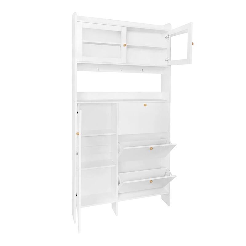 Hall Tree and Shoe Storage Bench with Flip Drawers and Doors