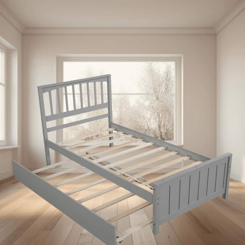 Elegant Twin Size Platform Bed Frame with Trundle, Solid Pine Wood, Sturdy Construction, and Maximized Space, for Bedrooms