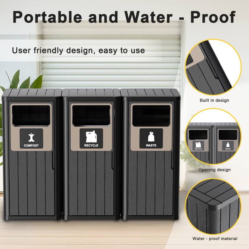 Outdoor Tripple Barrel Trash Can,Waterproof Resin Garbage Can with Garbage Labels,Durable Waste Bin for Porch, Backyard