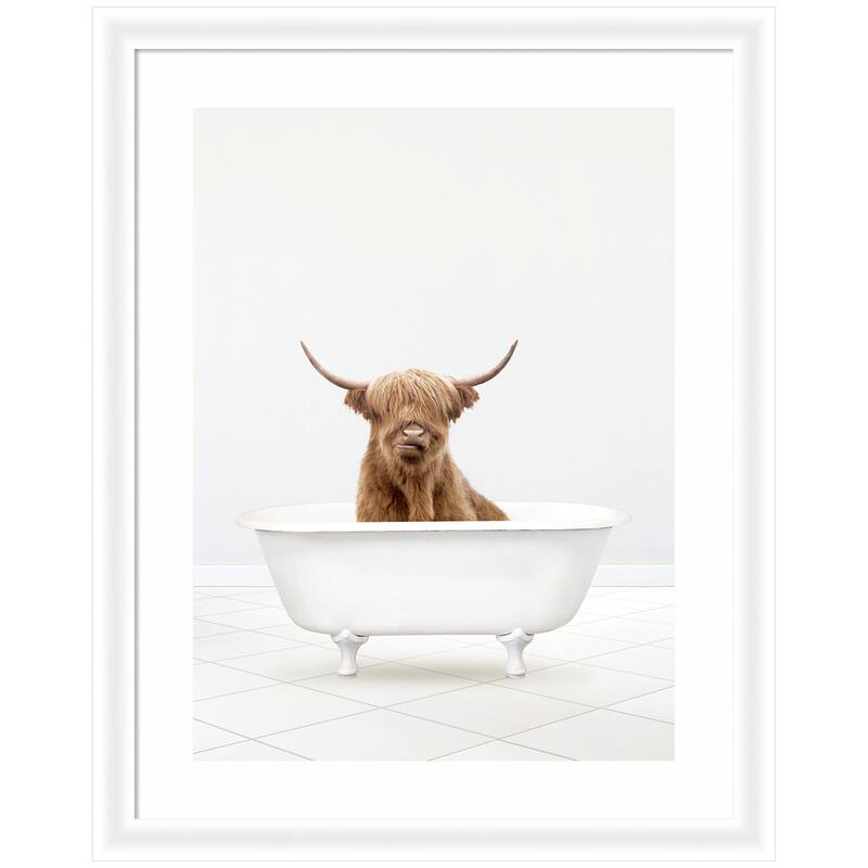 Kate and Laurel Highland Cow Solo Bathtub by Amy Peterson Framed Wall Art Print - 28 x 35 - White