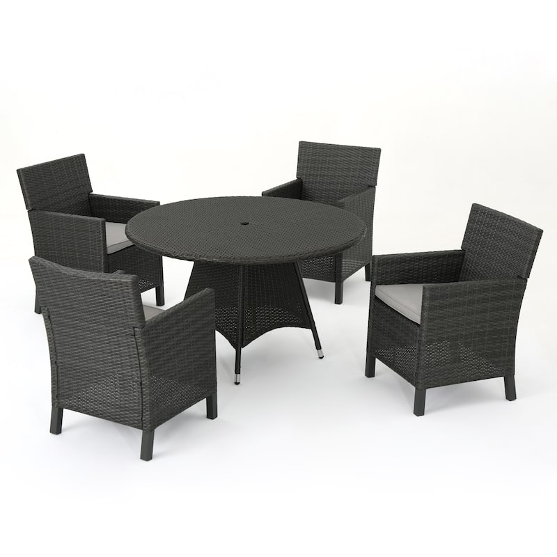 Cypress Outdoor 5-piece Round Wicker Dining Set with Cushions & Umbrella Hole by Christopher Knight Home - Grey