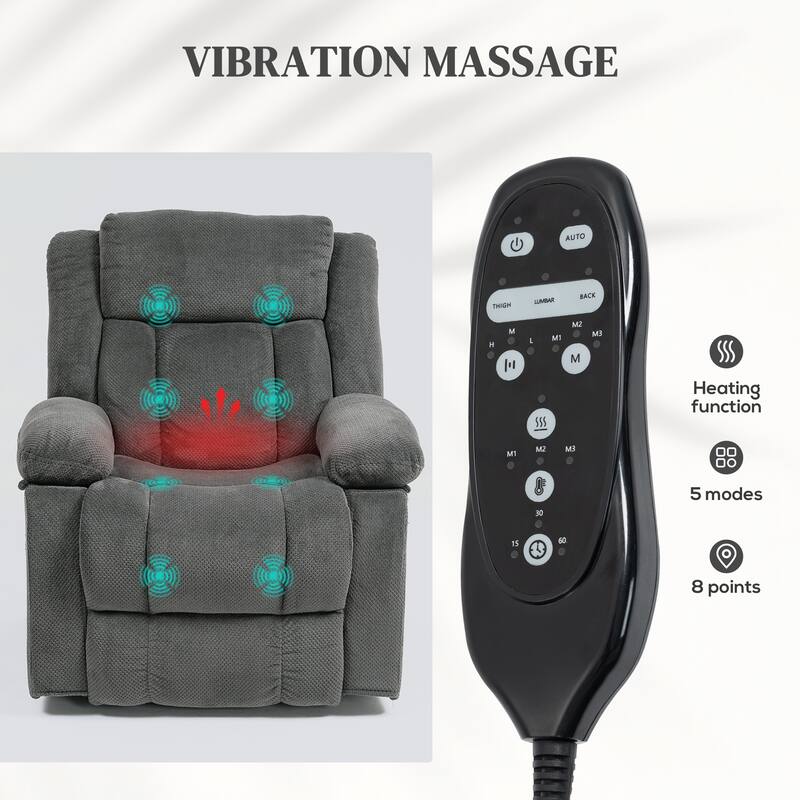 Grey Power Lift Recliner Chair with Massage Lumbar Heating and USB Charging Side Pockets
