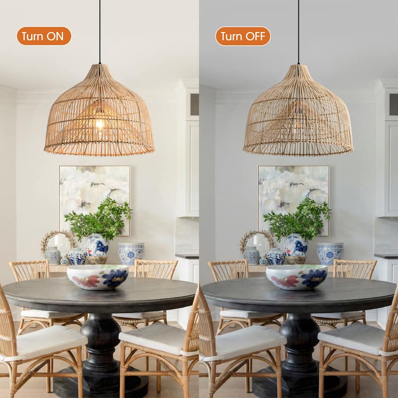 1-Light Boho Brown Rattan Hand-Woven Cloche Hanging Basket Pendant Light - 19.6" W x 62.9" H