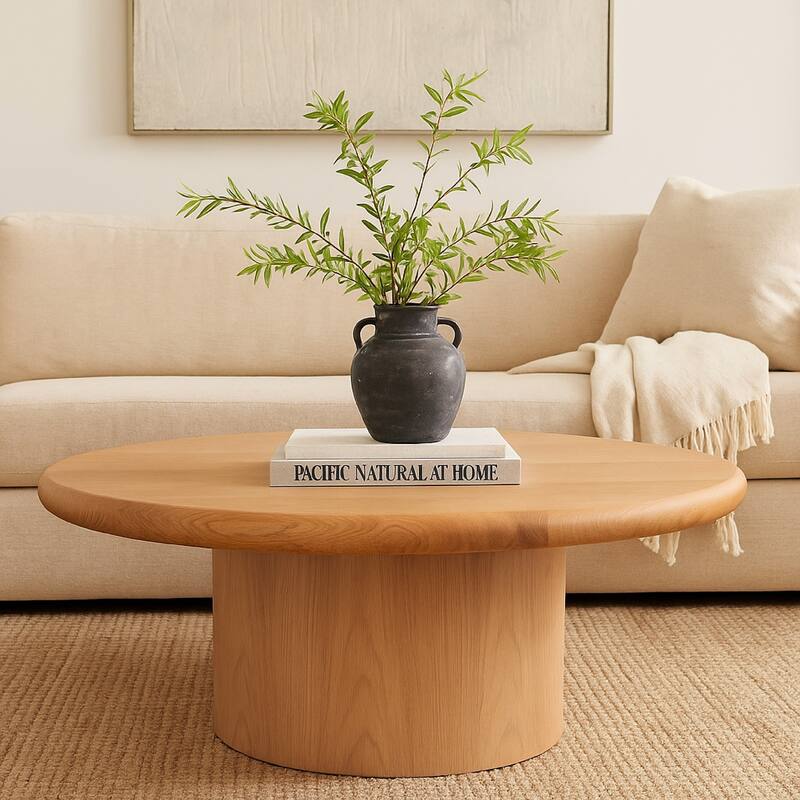 Camy Coffee Table, 41 Inch Round Top and Pedestal Base, Light Oak Brown