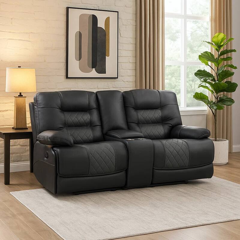 Liam 77 Inch Manual Recliner Loveseat, Cupholder Console, Gray Faux Leather