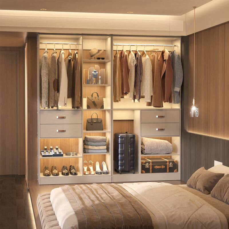 Rackcog Freestanding Closet Organizer with Hanging Rod, Closet System Wardrobe with Wood Drawers