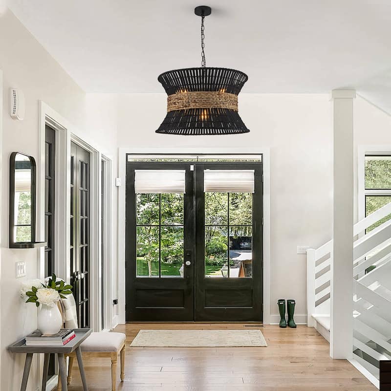 Umber 4-Light Modern Natural Rattan Pendant Ceiling Fixture Coastal Nautical Chandelier
