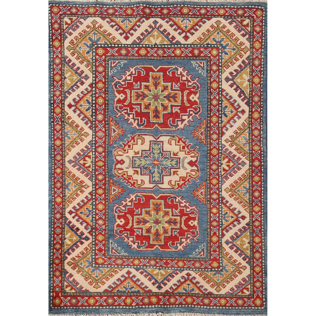 Kazak Oriental Accent Rug Hand-Knotted Blue Geometric Wool Carpet - 3'2"x 4'7"