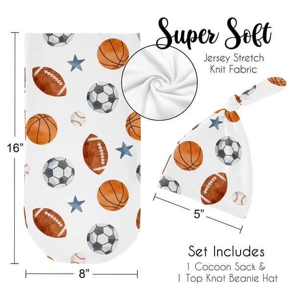 Sweet Jojo Designs Sports Theme Boy Baby Cocoon and Beanie Hat Sleep Sack 2pc Set Watercolor Soccer Football Baseball Basketball