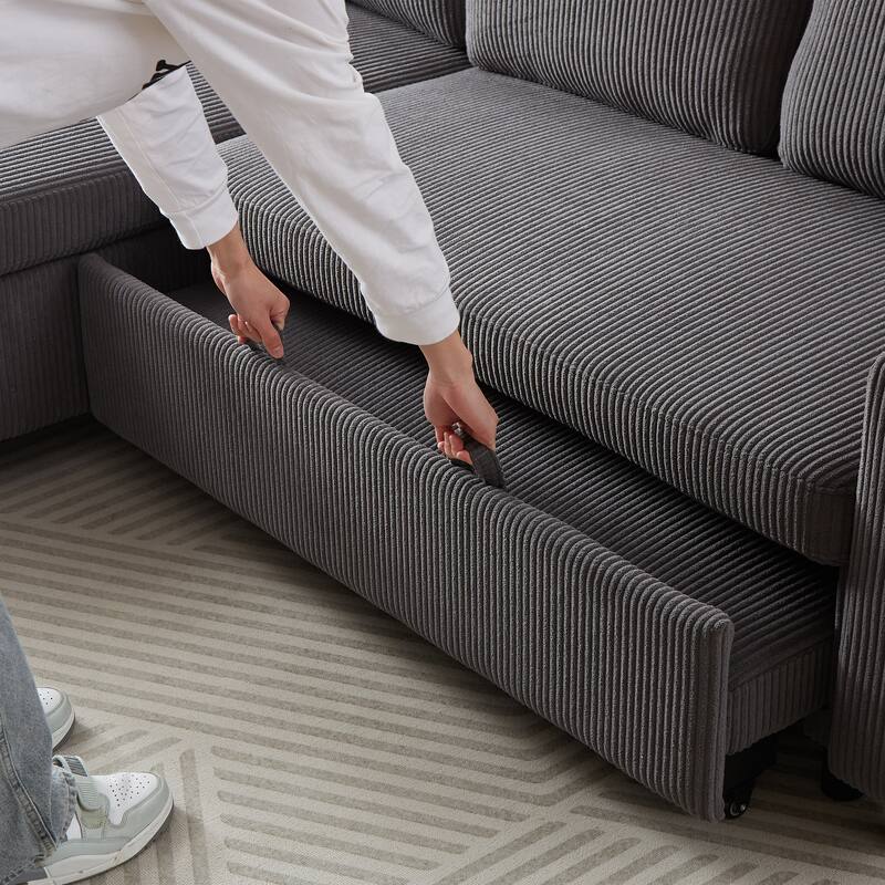 Modern Corduroy Reversible Sleeper Sofa Bed with Pullout Bed, L-Shaped Combo Sofa for Tight Spaces, Living Room, and Office