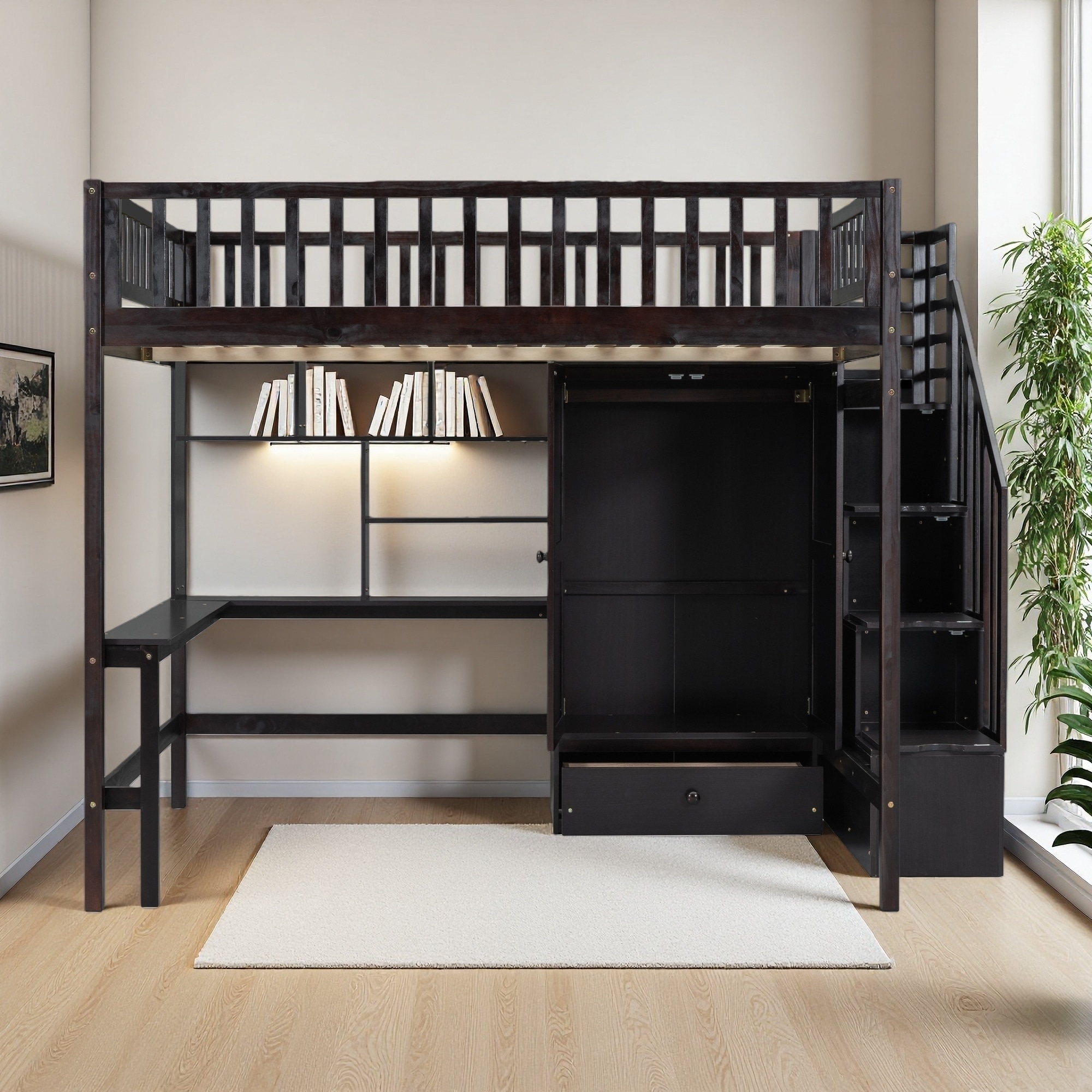 Full Wood Loft Bed with Bookshelf, Drawers, Desk & Wardrobe