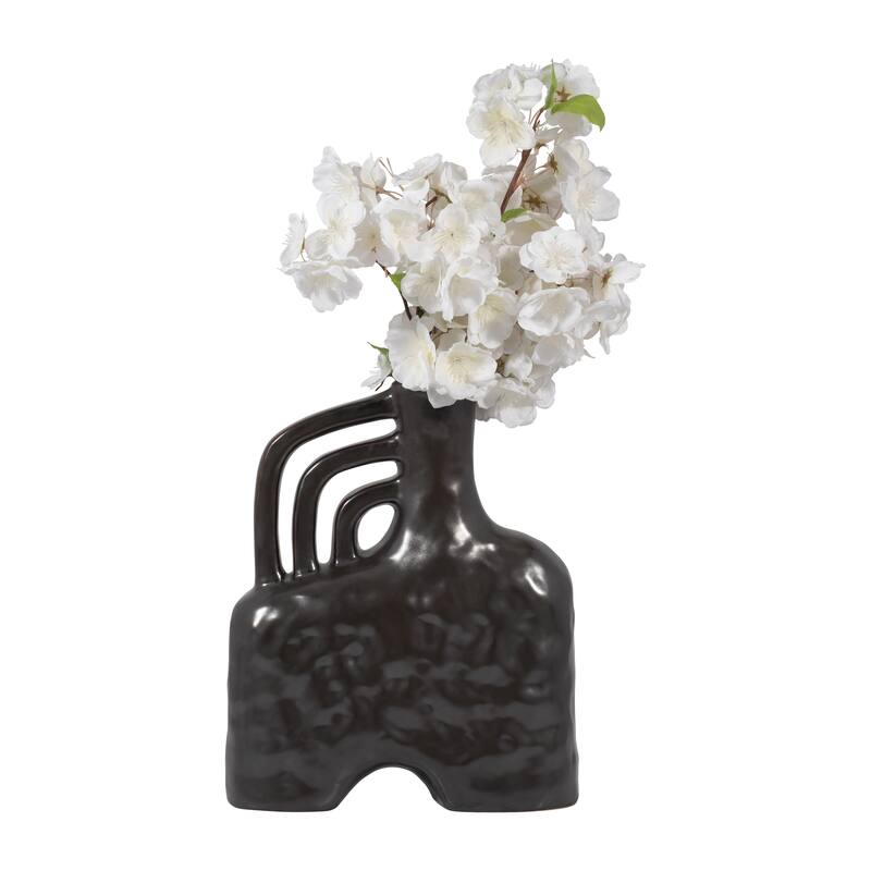Ceramic Metallic Triple Handle Vase, Black, Novelty, Solid Color