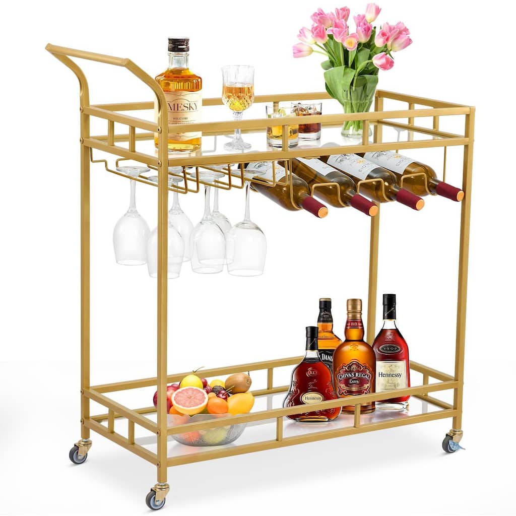 Bar Cart, Home Bar Serving Cart, Wine Cart with 2 Mirrored Shelves