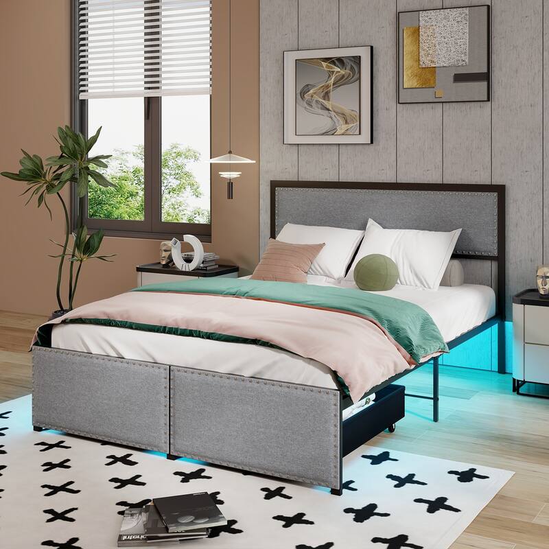 Full/Queen/Twin Size Bed Frame with LED Lights Drawer and Metal Slats