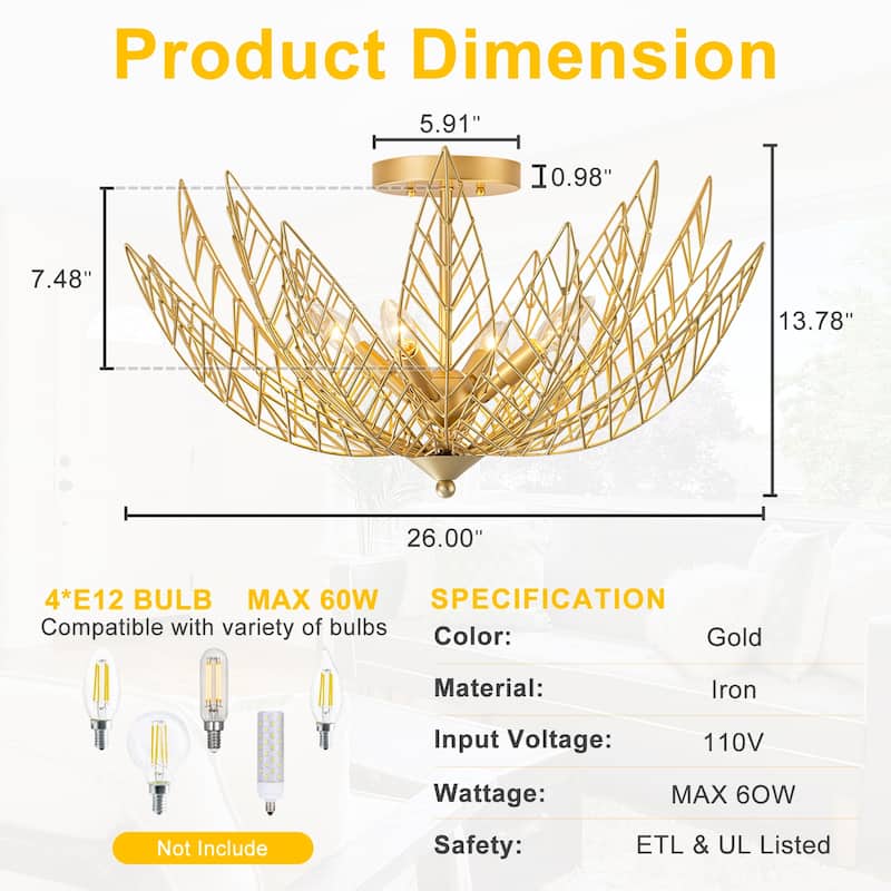 4 Lights Dual Semi-Flush Mount Ceiling Light Leaf Shaped Shades - Dia.26-in