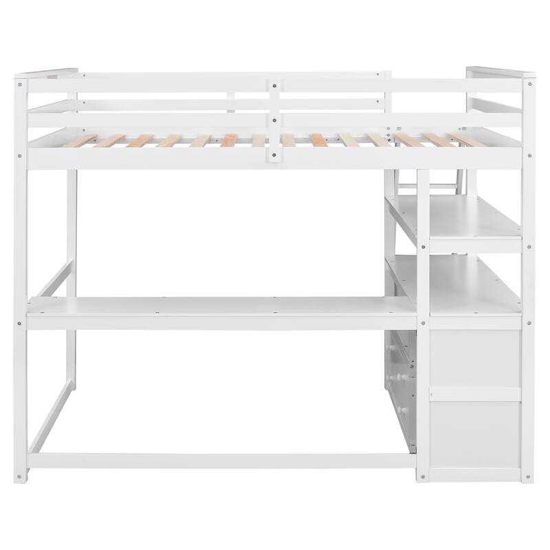 Full Size Loft Bed with Desk, Shelves, and Storage Drawers, Solid Wood Frame