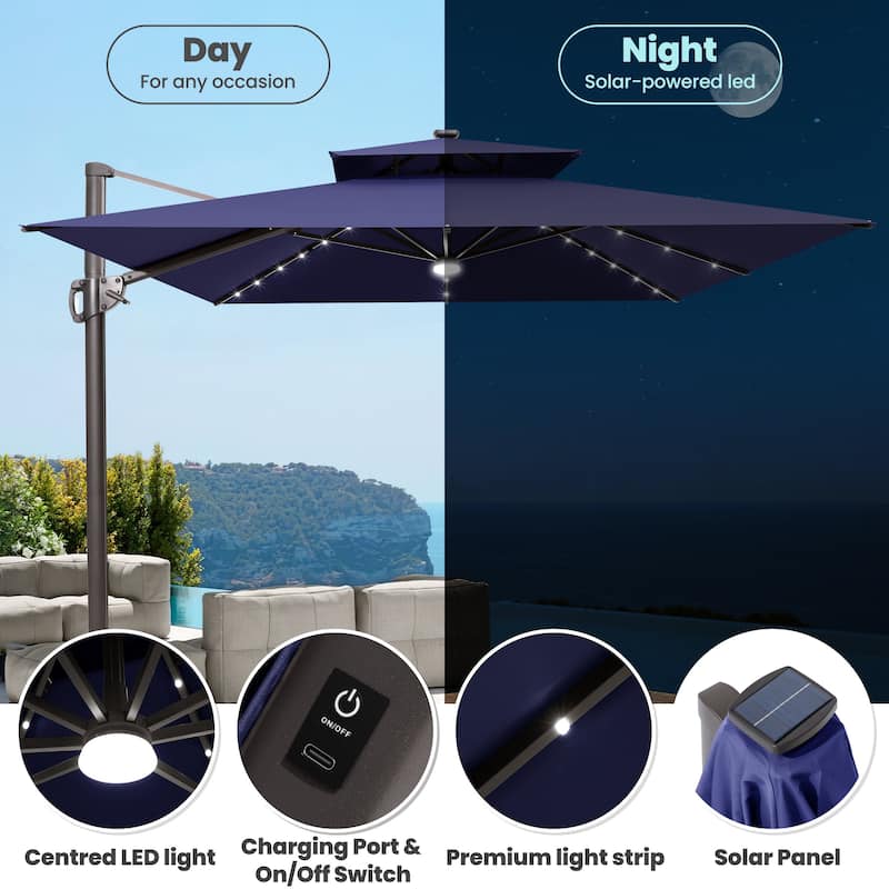 9 x11 FT Cantilever Patio Umbrella with Weighted Base, Double Canopy & LED Lights