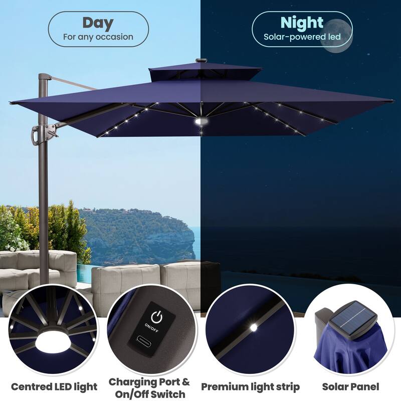 9 x 11 FT Outdoor Double Top LED Lighted Patio Cantilever Umbrella with Base Stand