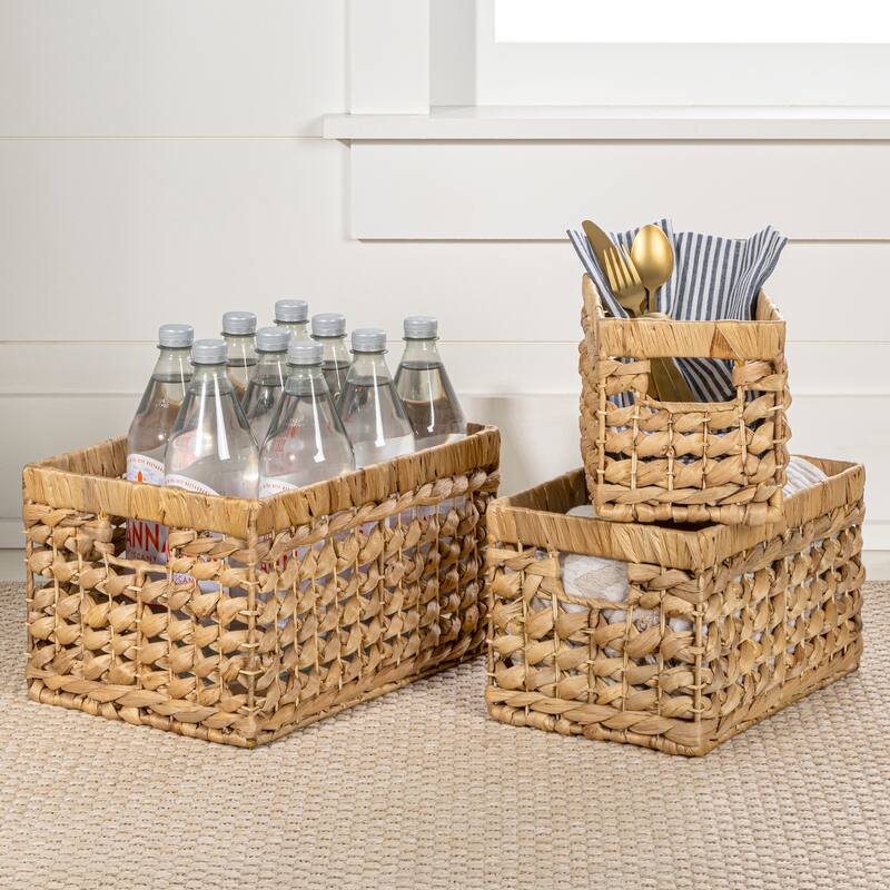 Handwoven Rectangular Nesting Baskets with Handles (Set of 3) - Natural