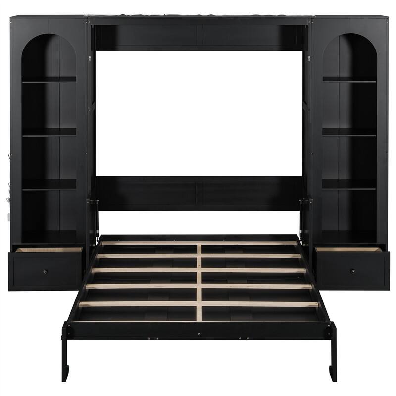 Queen Size Murphy Platform Bed with Side Cabinets, 2 Drawers and LED Light, Wooden Foldable Murphy Wall Bed with Storage Shelves