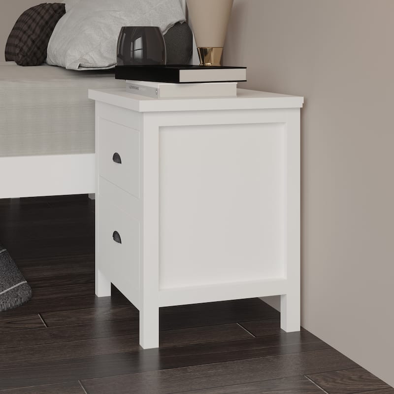 Modern Pine Wood Bedside Table with 2 Drawers and Rectangular White Nightstand for Living Room or Office