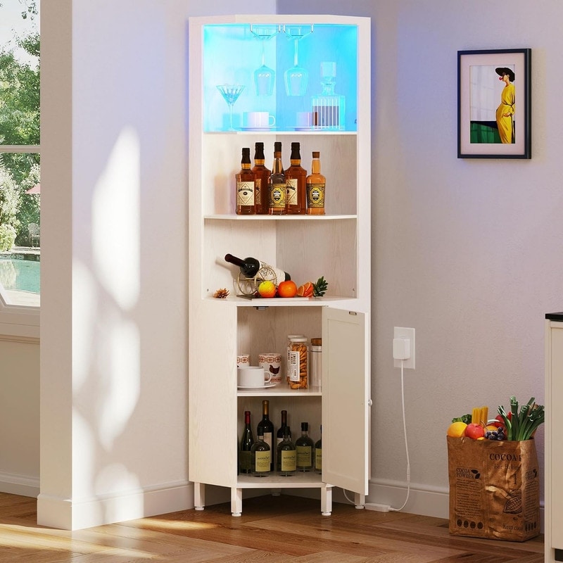 Moasis Corner Bar Cabinet with LED Lights & Glass Holder, 5 Tier Corner Shelf with Storage Wine Rack Cabinet