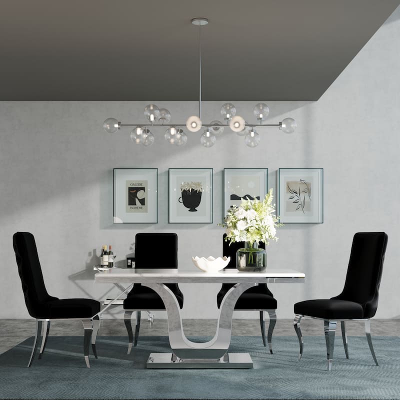 Glam Silver Dining Table Set with 64 inch Dining Table and Black Button Tufted Velvet Dining Chairs - Table with 4 Chairs - Chrome