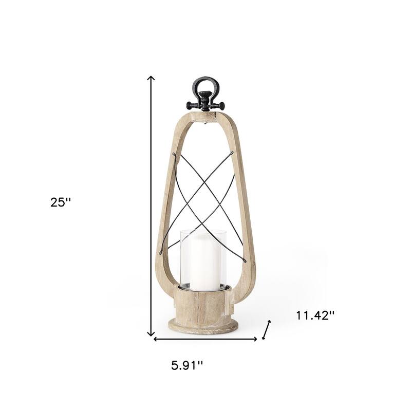 25" Brown Distressed Abstract Solid Wood And Metal Tabletop Lantern Candle Holder