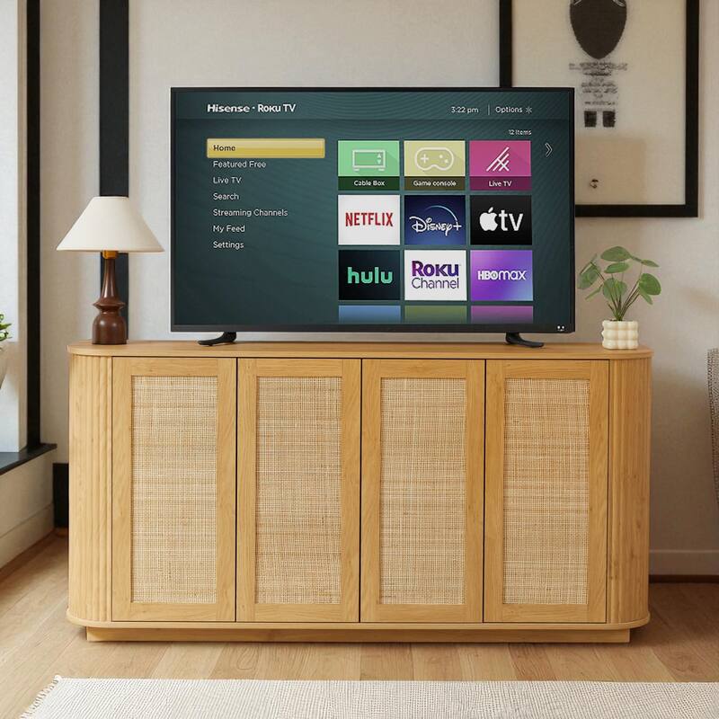 64" Wave Shape TV Stand with Rattan Doors, Modern Sideboard Buffet Storage Cabinet, Natural Wood Console for Entryway - Natural