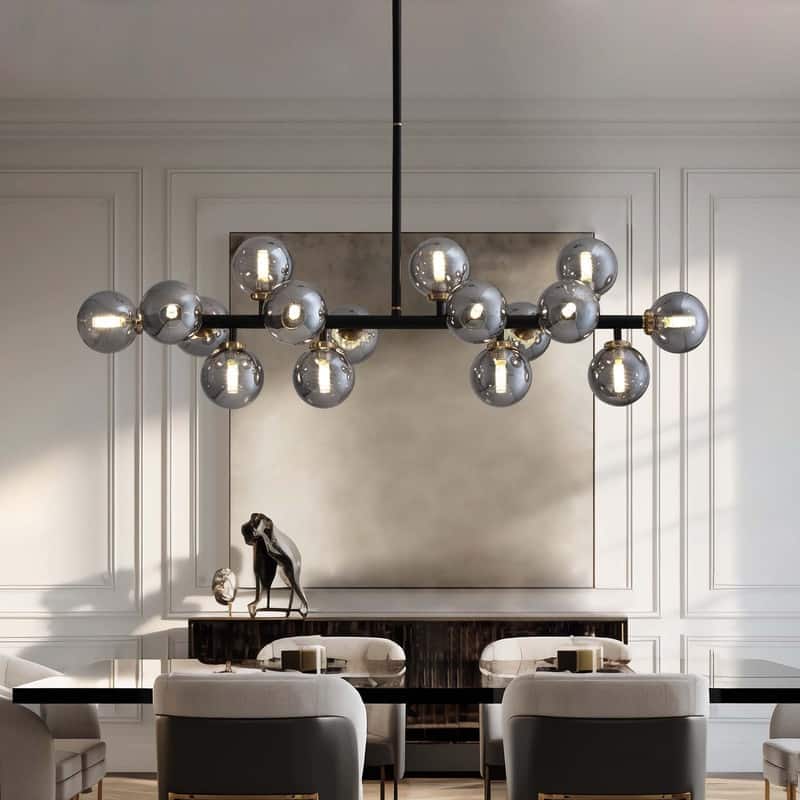 40 in. Black Modern Chandelier 16-Light Sputnik Pendant Light with Smoky Gray Globe Glass Shade for Kitchen Island Dining Table