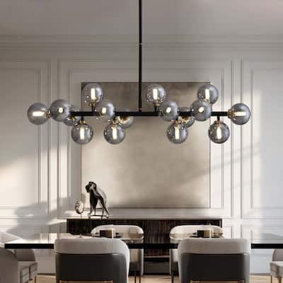 40 in. Black Modern Chandelier 16-Light Sputnik Pendant Light with Smoky Gray Globe Glass Shade for Kitchen Island Dining Table