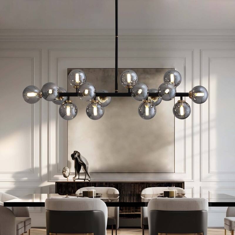40 in. Linear Mid Century Modern Chandelier 16-Light Gold Brass Sputnik Pendant Light with Frosted Glass Globe for Dining Room - Smoky Gray