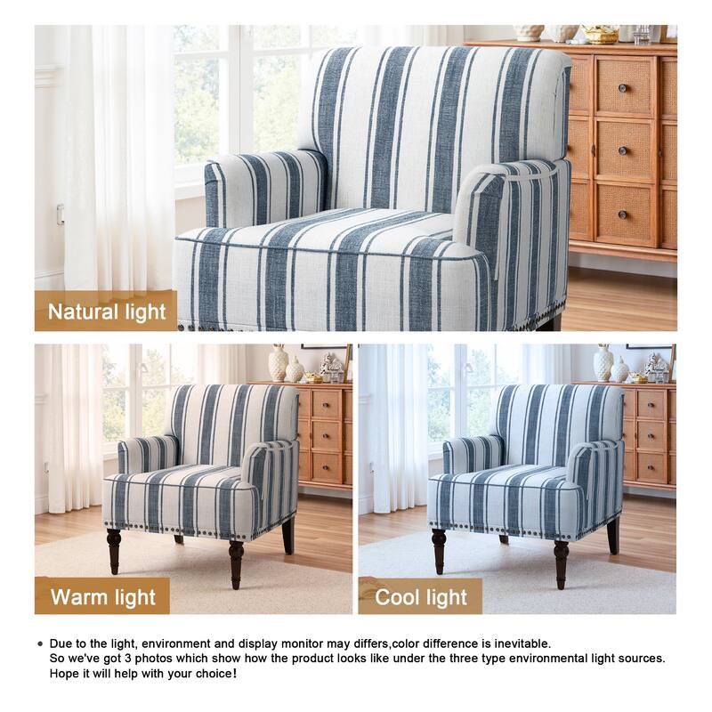 Striped Upholstered Linen Armchair with Brass Nailhead Trim