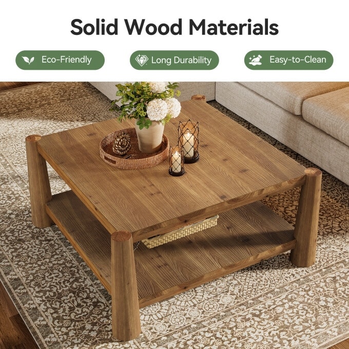 34" Square Solid Wood Coffee Table, Rustic Living Room Center Table