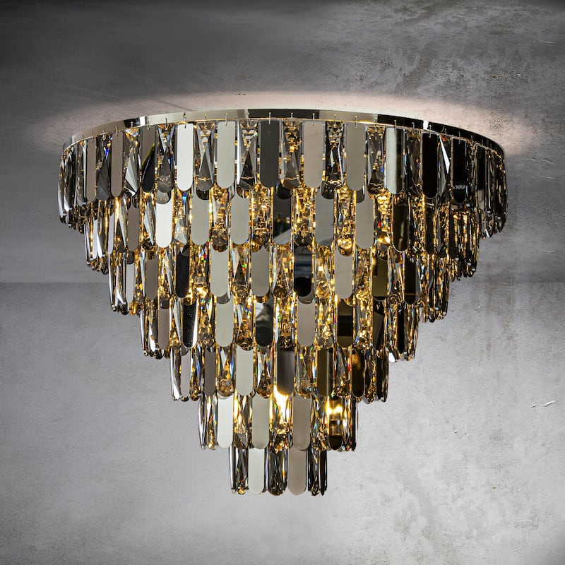 CraftHome Dimmable Smoked Crystal Flush Mount Ceiling Light Chandelier with Polished Nickel Finish and Stainless Steel Accents - W28"