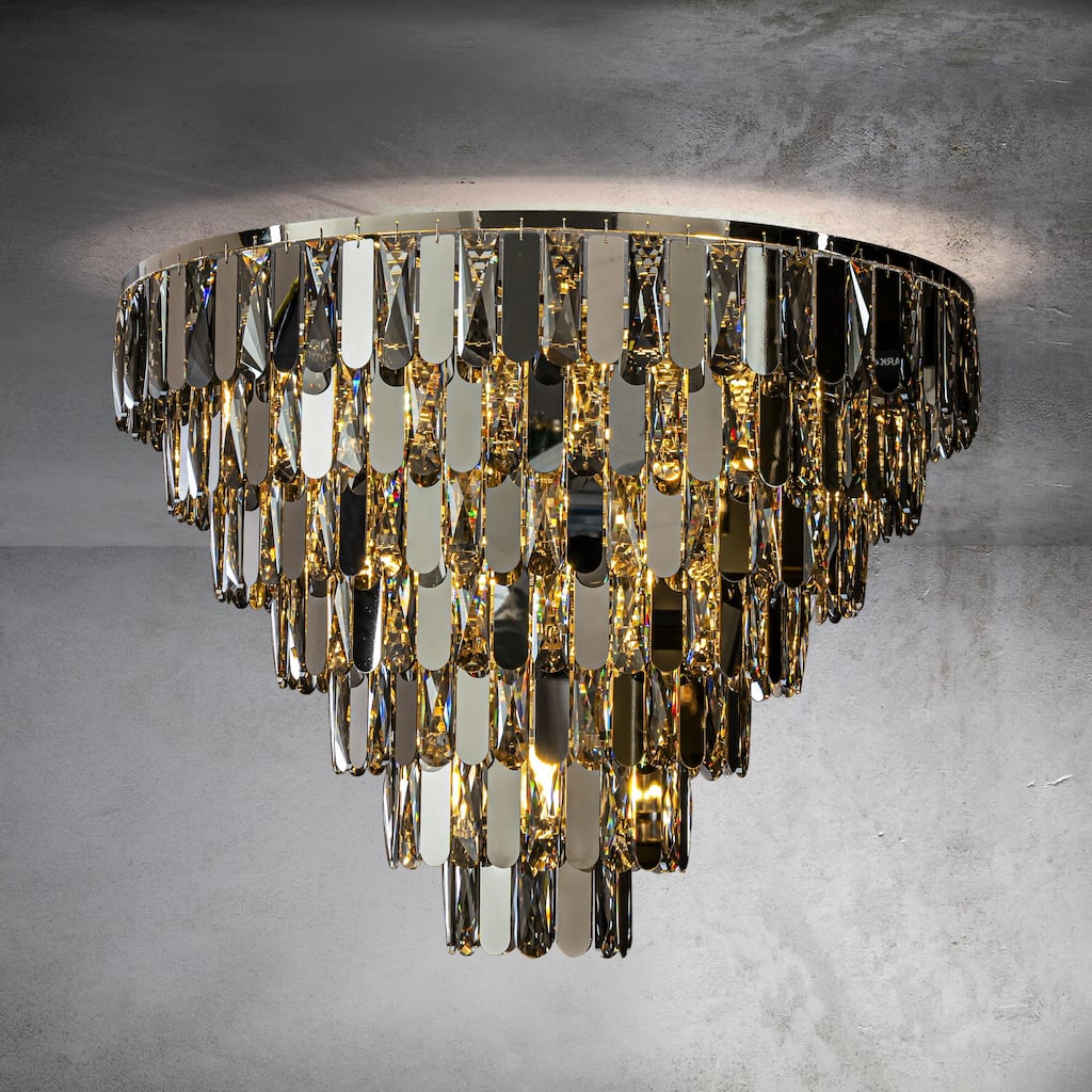 CraftHome Dimmable Smoked Crystal Flush Mount Ceiling Light Chandelier with Polished Nickel Finish and Stainless Steel Accents