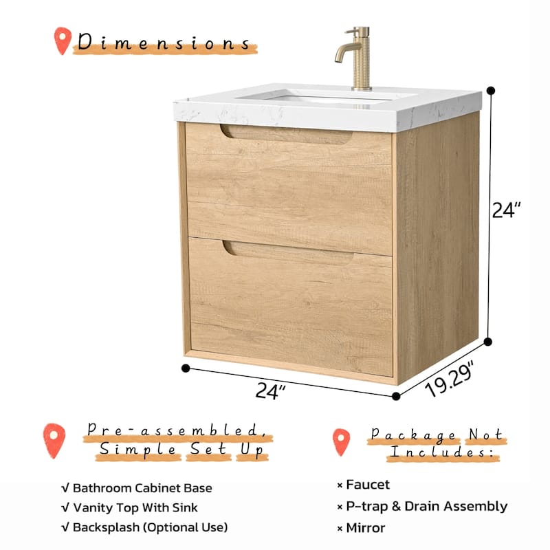 Prismis 24" 30" Wall-Mount Premium Bathroom Vanity with Upgraded Top