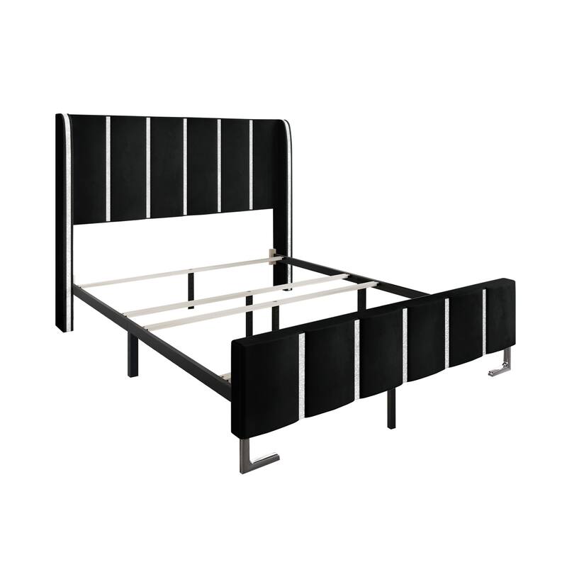 CraftPorch Luxurious Crystal Diamond Strip Velvet Upholstered Bed