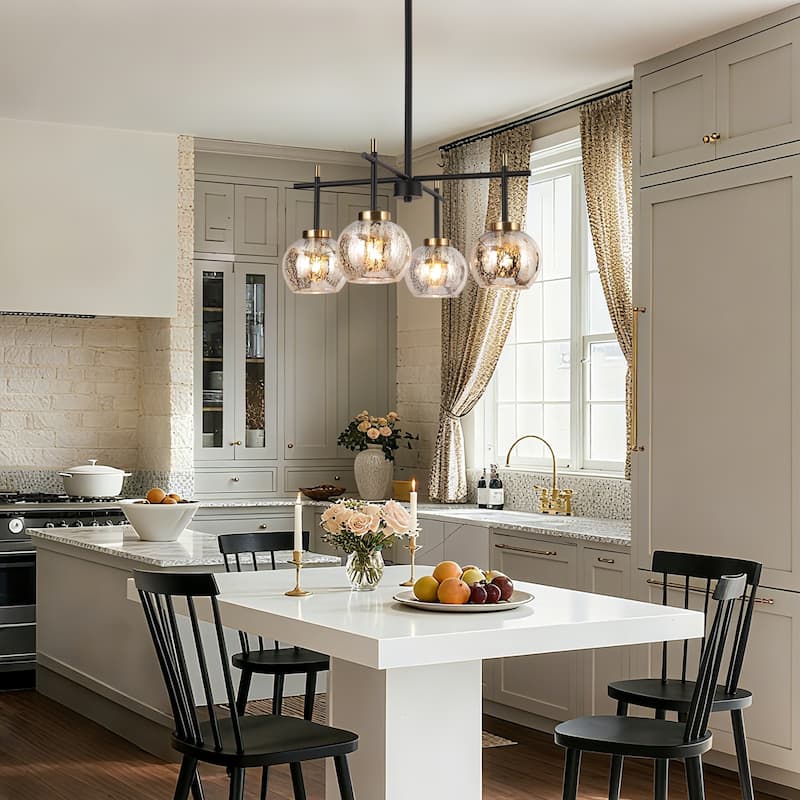Modern Farmhouse 4-Light Black Gold Chandelier Mercury Glass Pendant Lights for Dining Room - 21" D x 10" H
