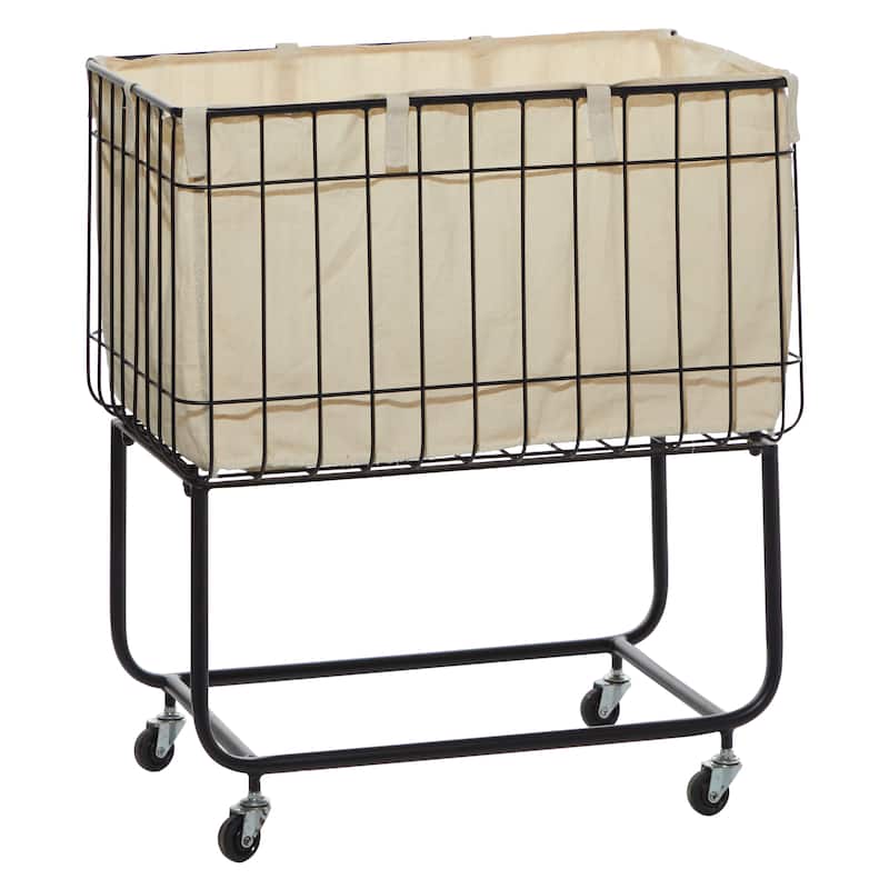 Metal Deep Set Wire Basket Storage Cart with Wheels and Fabric Lining - Black - Roche River Decor