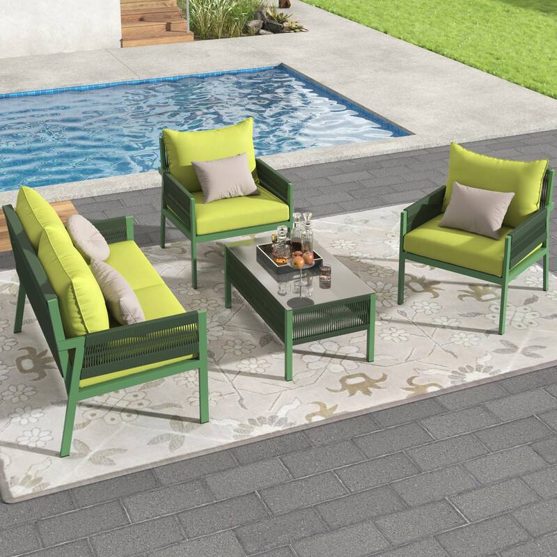 4-Piece Metal Rope Patio Conversation Set with Tempered Glass Table and Cushions - Fluorescent Yellow