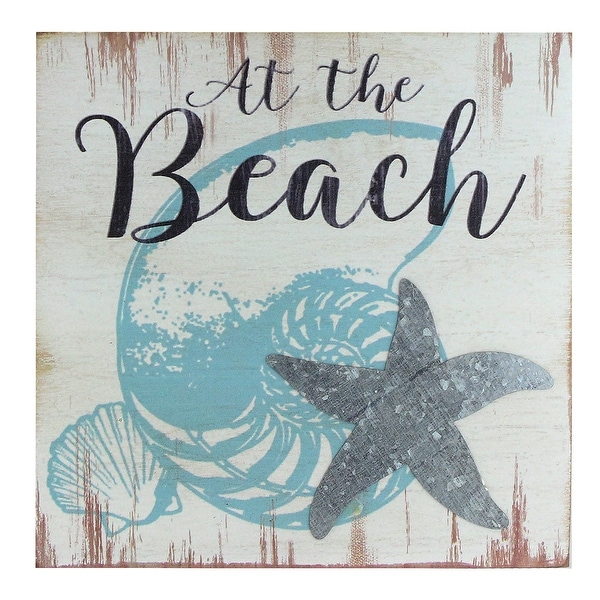 8” Blue and White "At the Beach" with Seashells Starfish Distressed Wall Plague - N/A