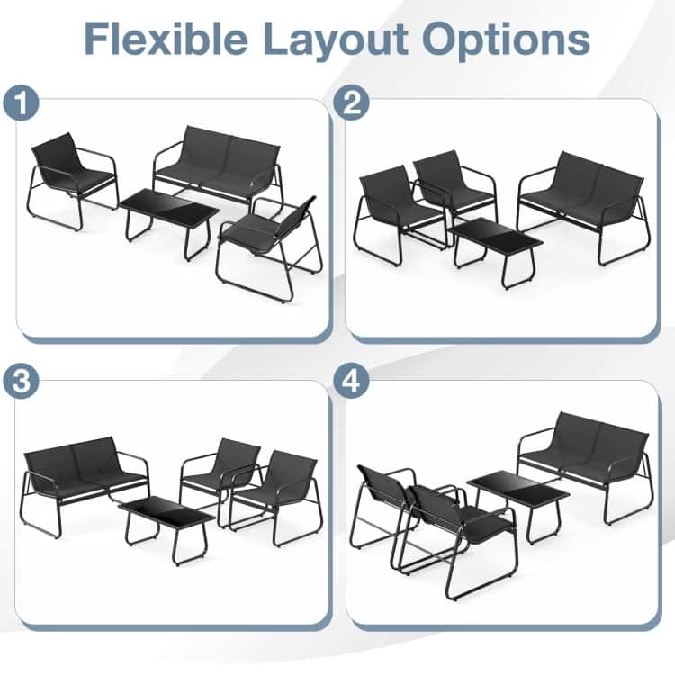 4 Piece Black Fabric Metal Outdoor Conversation Set with Table and Chairs - Table: 33.5" × 18" × 16" (L × W × H)