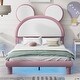 preview thumbnail 3 of 9, Full-Size Upholstered Platform Bed Frame with LED Lights & Cartoon Ears Headboard for Kids, Easy Assembly, White & Pink
