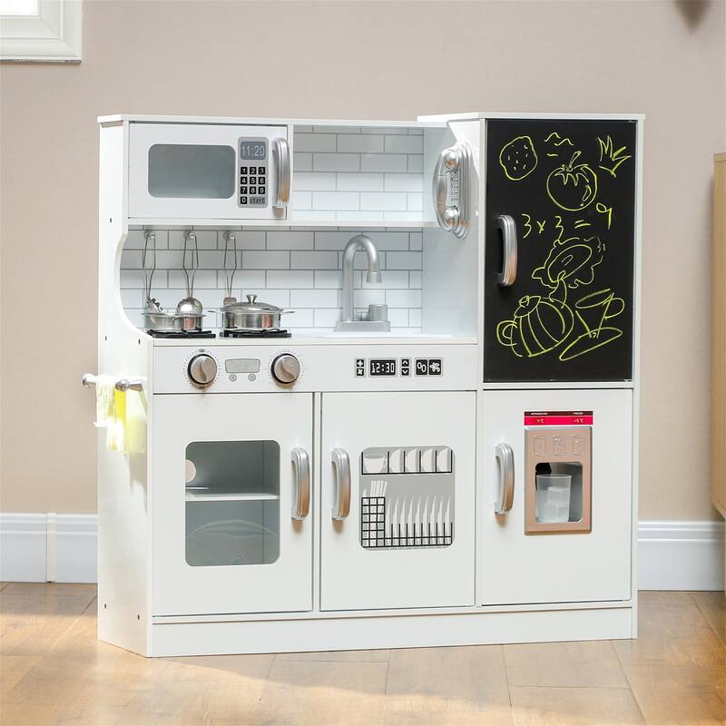 Kids Pretend Play Toy Kitchen with Play Phone, Chalkboard,Towel Rack - White